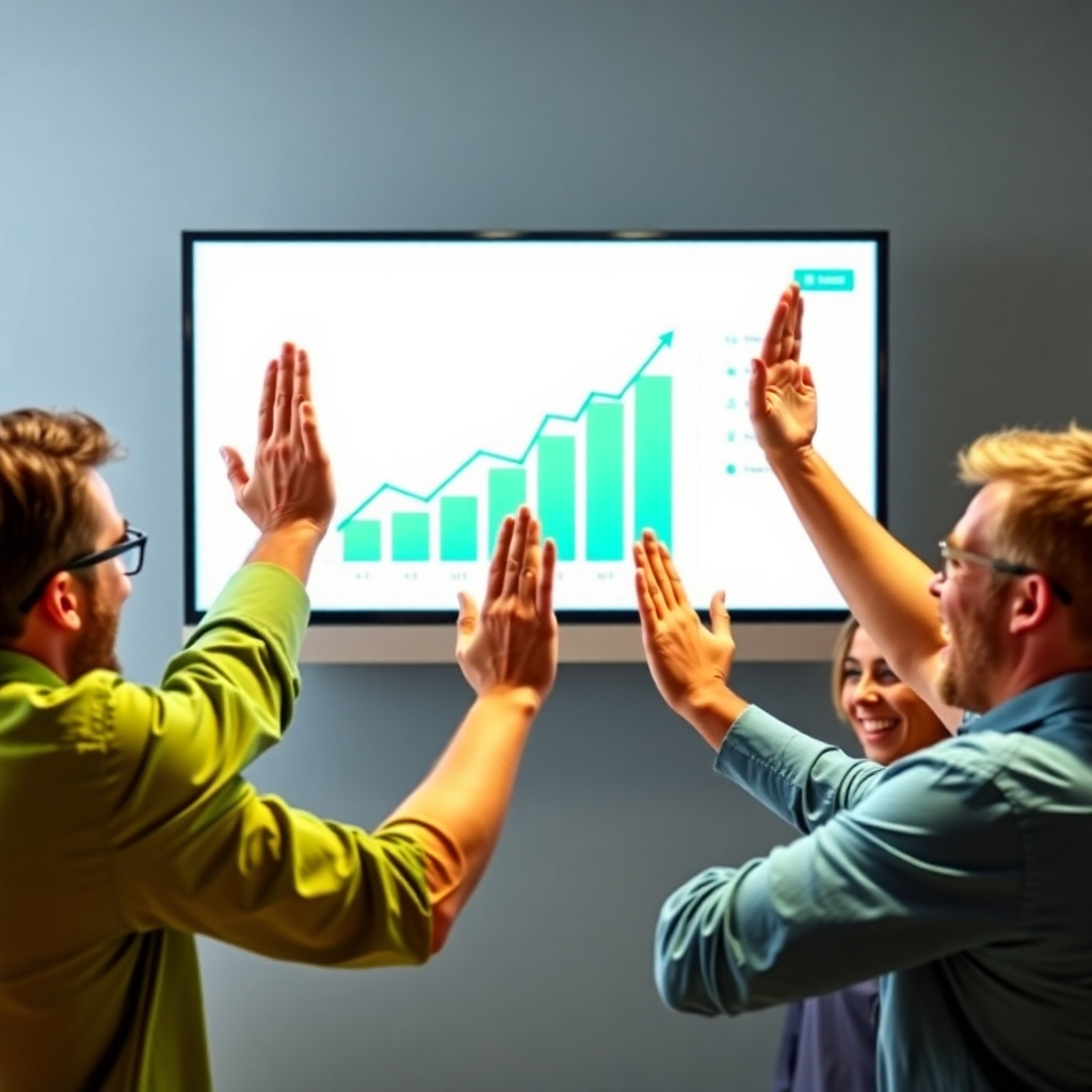 A lively image featuring a graph with upward-trending analytics displayed on a screen, surrounded by cheerful individuals high-fiving each other. The color palette should include bright greens and blues, symbolizing growth and success. Capture the joy of instant results in a celebratory environment that motivates potential clients.