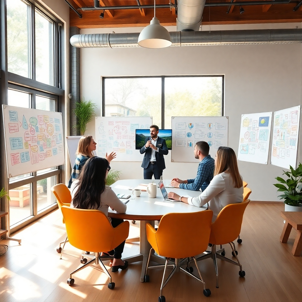 A lively meeting room where a consultant is discussing video strategies with clients. The atmosphere is infused with creativity and idea-sharing, featuring whiteboards filled with colorful creative plans. Natural light pours through large windows, adding warmth to the focus on collaboration. The resolution should support high detail, presenting an inviting scene for professionals to get inspired.