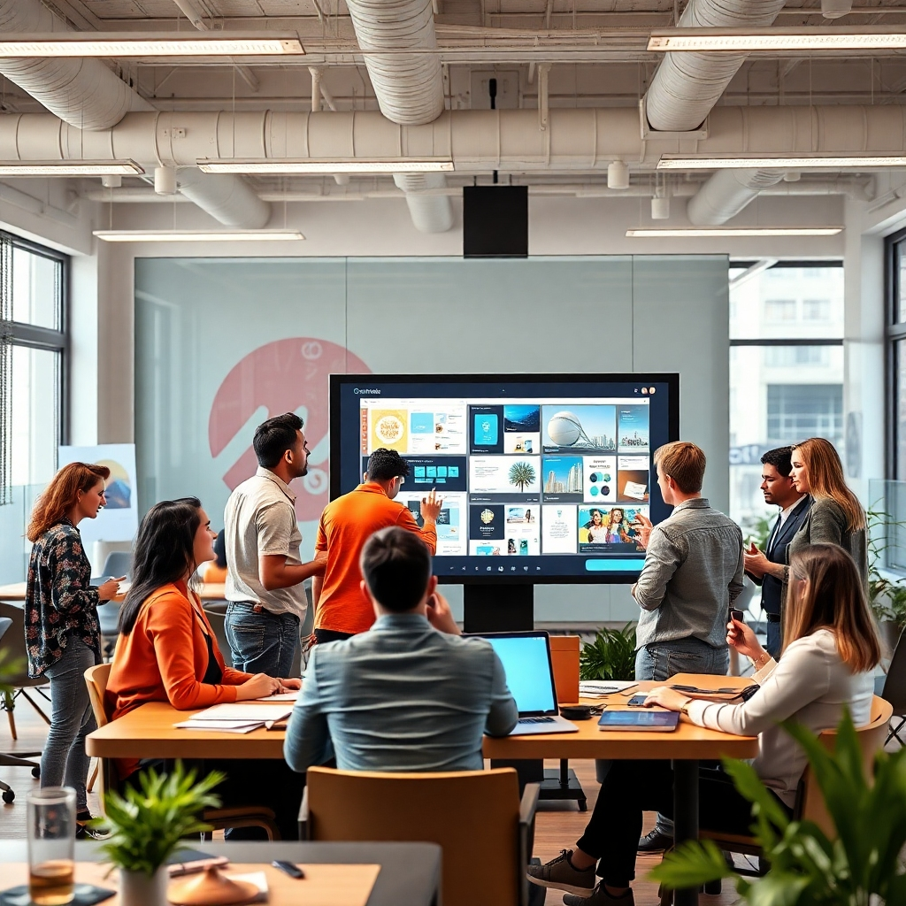 A lively office environment where diverse designers are collaborating around a large digital touchscreen displaying design projects. The atmosphere is dynamic and creative, with bright activity and modern decor. The lighting should reflect an engaging workspace, emphasizing teamwork and sharing ideas. This photorealistic image exhibits the collaborative spirit fostered by MagicDesigners Suite in the design process.