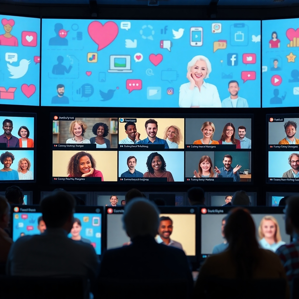 A lively online forum with diverse individuals interacting on screens, showing comments and engagement. The backdrop features various social media icons and symbols of community-building, such as people connecting, laughing, and sharing ideas, conveying a sense of collaboration.