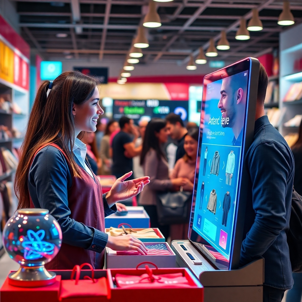 A lively retail setting showcasing a salesperson interacting with an AI-driven kiosk that analyzes customer preferences. The atmosphere is vibrant, featuring happy customers and personalized product recommendations displayed holographically.