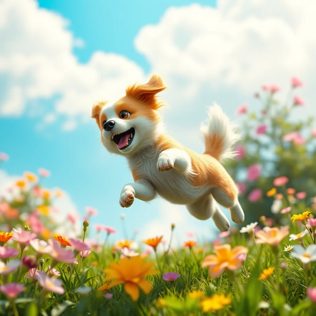 A lively scene featuring a pet dog leaping and playing in a beautiful garden filled with flowers. The dog is animated, with its fur flowing in the wind, capturing joyful motion. The background includes a bright blue sky and fluffy white clouds, emphasizing a playful atmosphere.