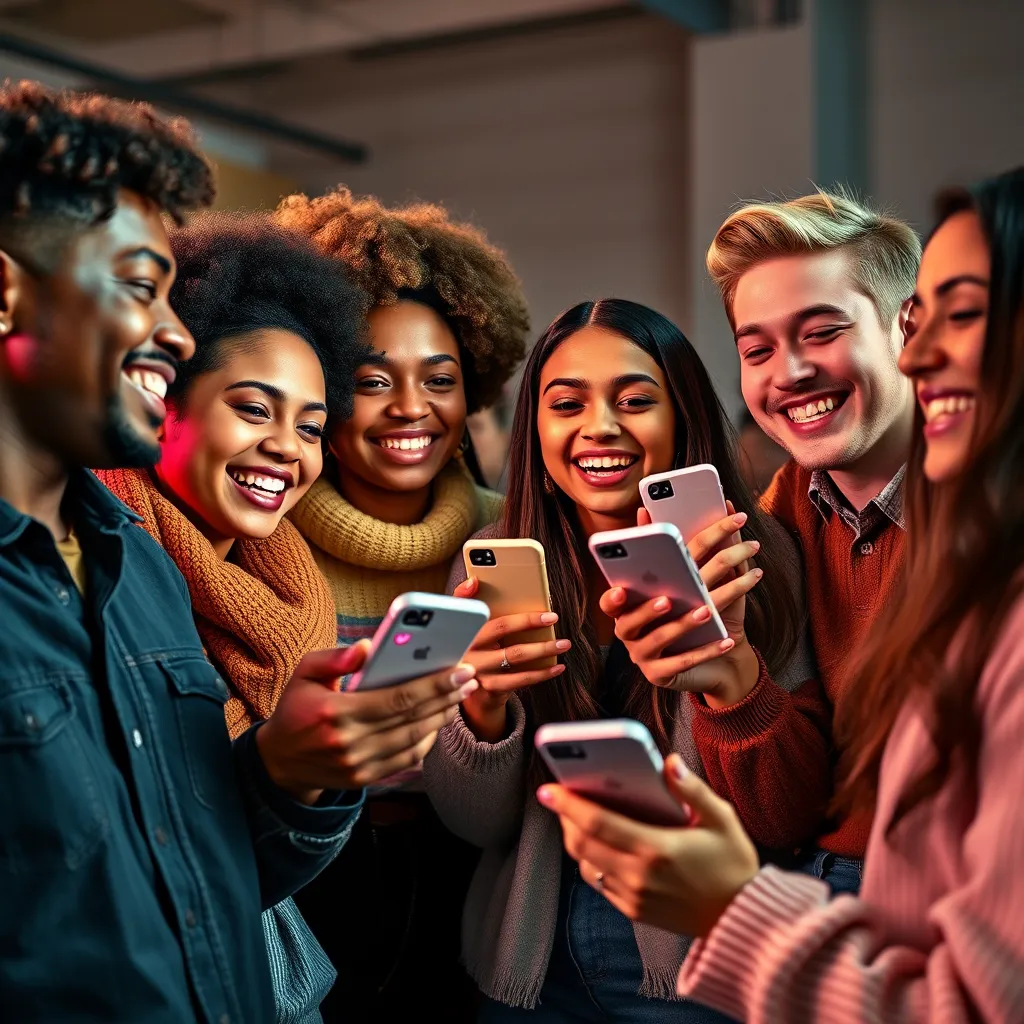 A lively scene of a group of diverse young adults sharing products on TikTok, smiling and interacting. Include elements like heart emojis and 'follow' notifications, with the TokMate logo subtly integrated into the design.