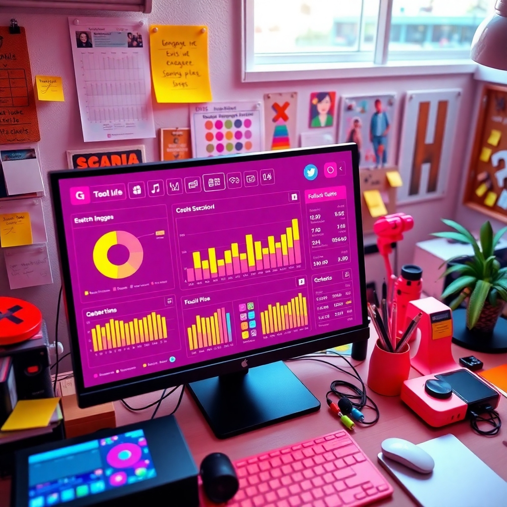 A lively social media dashboard bursting with colorful charts and notifications representing dynamic engagement levels. The lighting is bright and energizing, creating an upbeat atmosphere with a vibrant color palette of pinks, yellows, and blues. The camera angle is a bird's eye view, allowing a comprehensive look at the dashboard and engaging elements like social media icons. Textures in the screen interface are glossy, while the surrounding area features tech gadgets and motivational posters. The background hints at a busy but organized workspace with creative elements like sticky notes and a cork board. Capture this scene in hyperrealistic detail, aiming for 8K resolution to ensure clarity and vibrancy.