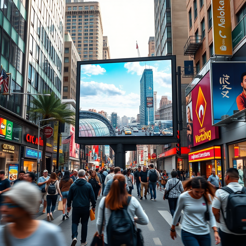 A lively street scene where a flexible digital billboard changes content dynamically, responding to local events or weather conditions. The setting should evoke a busy urban landscape, colorful and full of life, with people engaging with the billboard. Emphasize movement and adaptability in the Camera perspective, capturing the excitement of local responsiveness. The image should be designed with photorealistic techniques to convey a sense of immediacy and relevance in marketing.