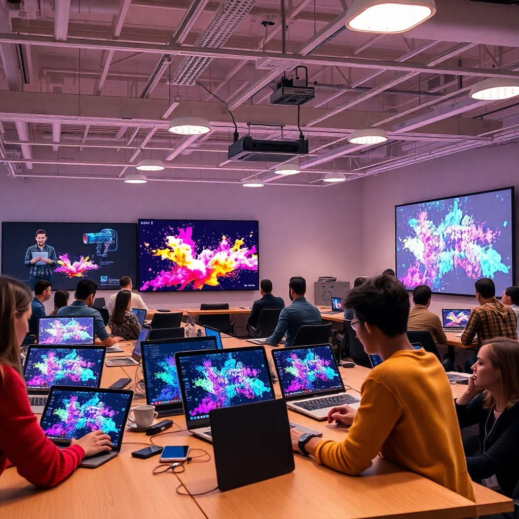 A lively workshop setting where designers are engaging with AI tools on their laptops, with exciting visualizations of design algorithms and results projected on large screens. The mood is collaborative and inspiring, with bright overhead lights and a mix of color splashes from digital artworks. The composition should showcase modern design dynamics, emphasizing a community of innovators leveraging AI. This high-quality photorealistic image should depict the intelligent innovation that MagicDesigners Suite brings.