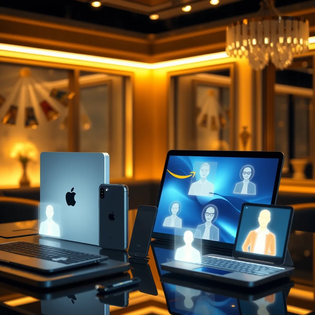 A luxurious digital scene showcasing high-end products from Apple and Amazon, with glowing premium user avatars connecting to an email list that shines, signifying quality meets technology in email subscription.