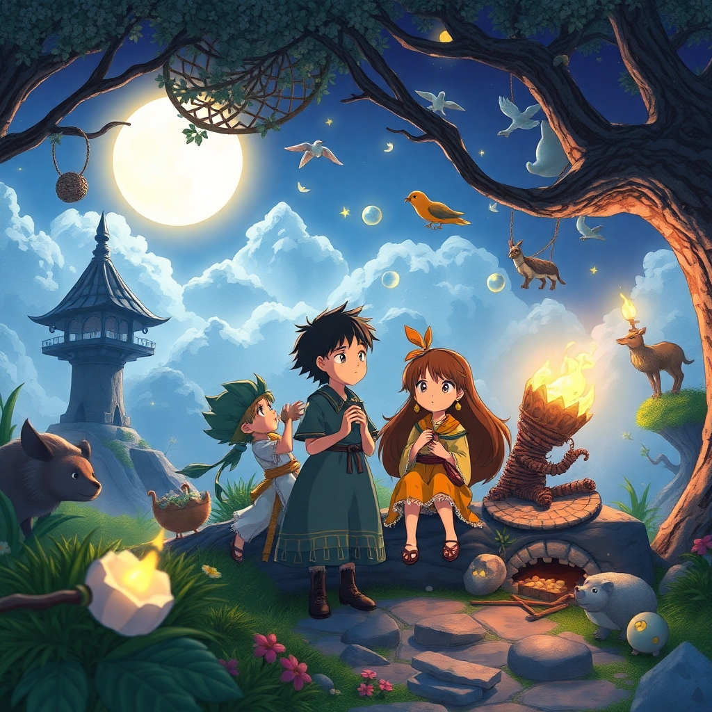A magical storytelling scene depicting characters from a budding Ghibli story sharing an adventure. The background is a detailed fantasy landscape with floating elements like dreams and ideas, illuminated by moonlight. The styles reflect classic Ghibli artistry, with intricate designs and vibrant colors, while the angle emphasizes the journey of storytelling from the creative spark to the visual narrative, rich in textures.