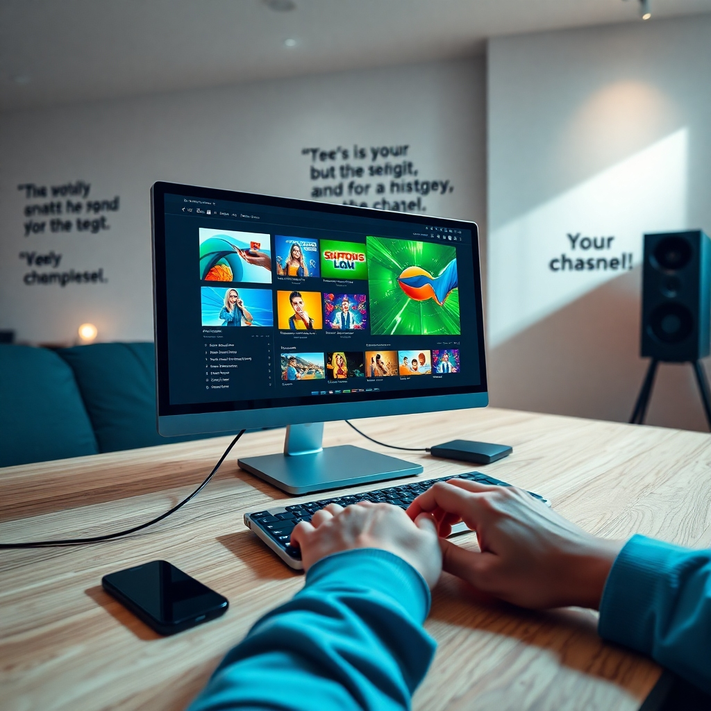 A modern, high-tech workspace featuring a sleek desktop computer showing a user-friendly interface for creating a TV channel. The computer screen displays colorful templates and vibrant graphics. Soft diffused lighting highlights the workspace, creating a productive and inviting atmosphere. The color palette includes bright blues, greens, and oranges to symbolize creativity and energy. The camera angle is a close-up focused on the screen and hands working on the keyboard. Textures of the desk are wood grain, and there are motivational quotes on the walls in the background. The style is reminiscent of contemporary tech advertisements, emphasizing clarity and innovation. The image should be in 8K resolution, hyperrealistic, with ultra-detailed elements to inspire action.
