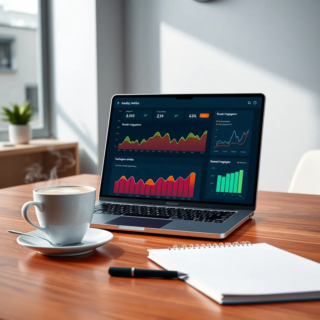 A modern, sleek digital interface displaying an analytics dashboard, featuring colorful graphs and data visualizations related to reader engagement metrics. The setting is a stylish office, bathed in soft diffused lighting that creates a calm and inspiring atmosphere. A laptop displaying the dashboard is open on a polished wooden desk, accompanied by a steaming cup of coffee and a notepad. The color palette should include calming blues and greens, conveying a sense of growth and clarity. The camera angle is slightly tilted from above, emphasizing the intricate details of the analytics displayed on-screen. The texture of the wood, the gloss of the laptop, and the soft matte finish of the notepad create an ultra-detailed and tactile quality. The image should be hyper-realistic, aiming for 8K resolution to capture every detail vividly.