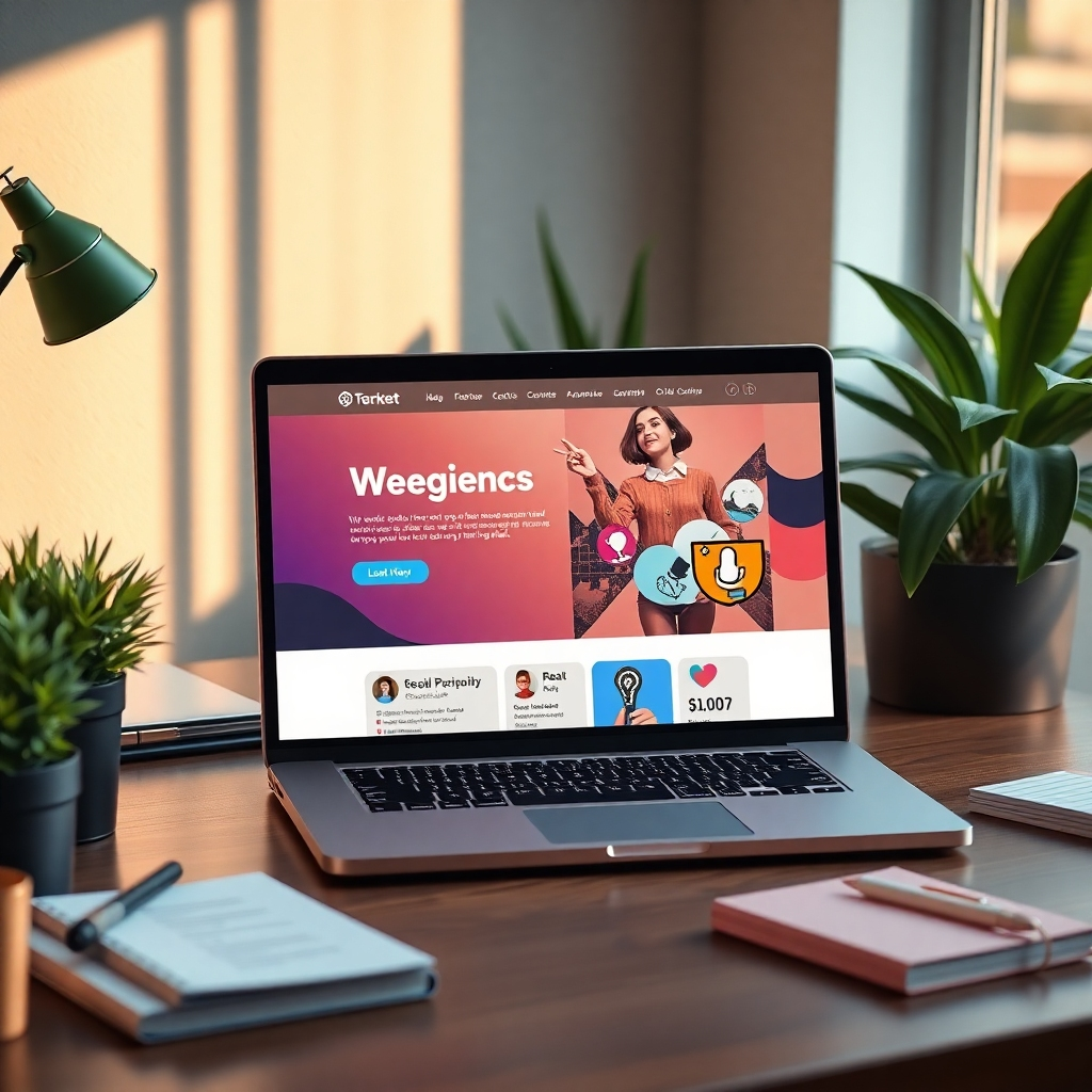 A modern and vibrant workspace featuring a laptop displaying a well-designed website, alongside social media icons. There are elements like a notepad, business cards, and plants to illustrate a creative and inviting atmosphere.