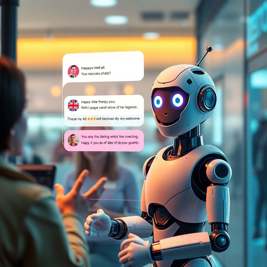 A modern digital customer service interface featuring a friendly AI bot interacting with happy customers through a chat window, displaying notifications of quick responses and personalized offers, with a bright and engaging design.
