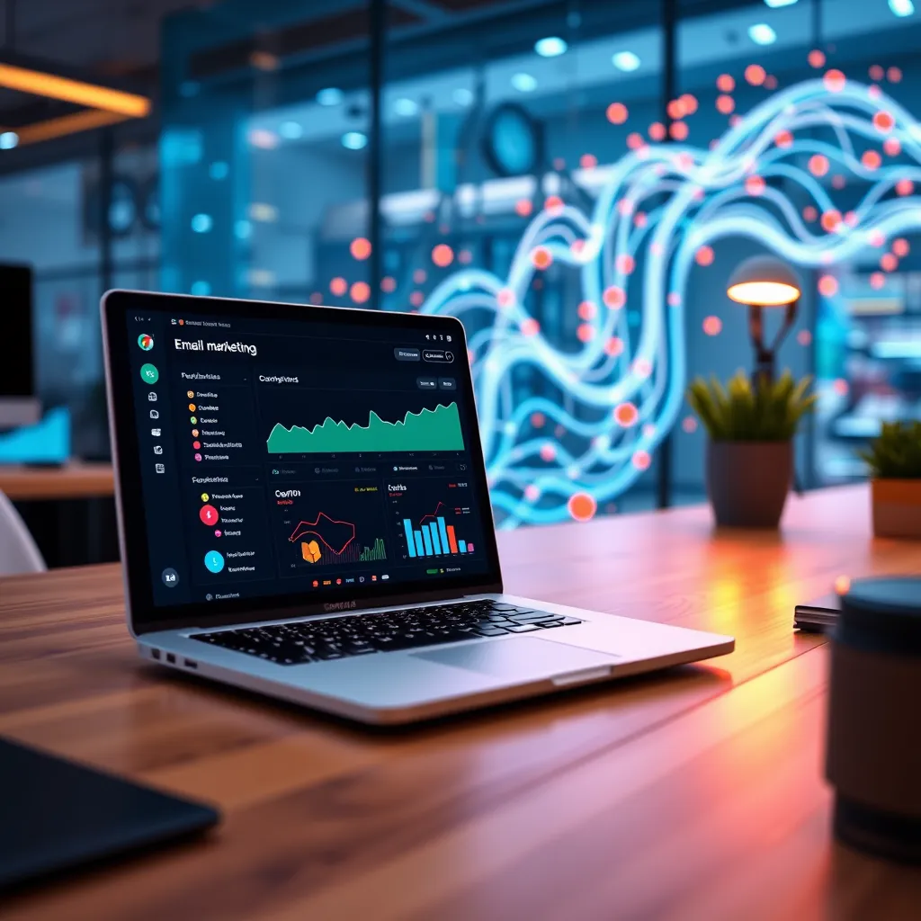 A modern digital workspace featuring a laptop displaying an email marketing dashboard. In the background, there's a flowing digital stream symbolizing data collection, with colorful icons representing leads and potential customers. Bright, engaging colors to evoke a sense of innovation and automation.