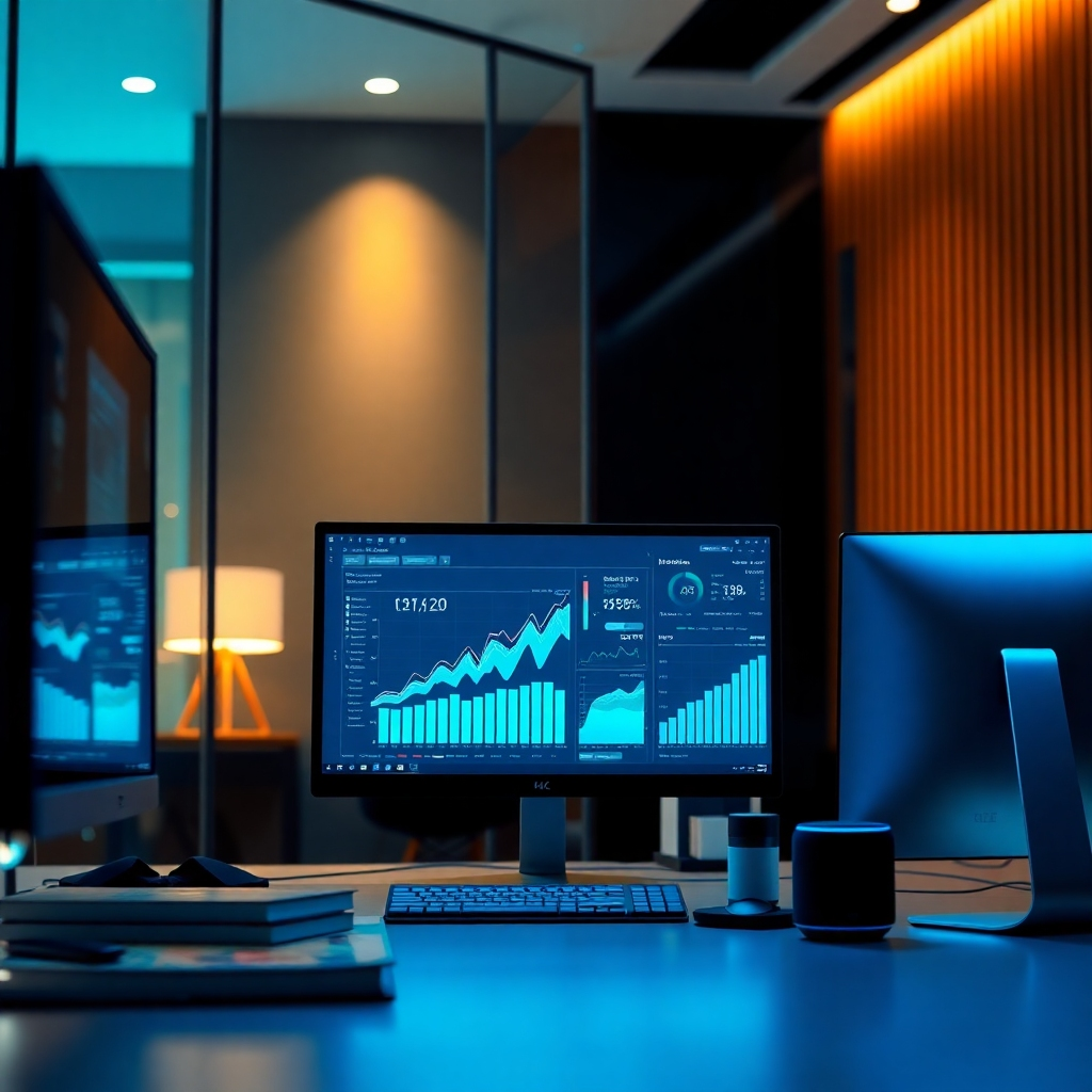 A modern digital workspace showcasing a high-tech computer setup with multiple screens displaying analytics and traffic graphs. Soft diffused lighting illuminates the scene, creating a serene mood with a palette of blues and greens. The camera angle is slightly over the shoulder, focusing on the intricate details of the screens while the background features a stylish, minimalistic office environment. Textures such as sleek glass, polished wood, and matte metal create a sophisticated ambiance. Props include digital marketing books and a smart speaker, hinting at advanced technology. This hyperrealistic image should be in 8K resolution, capturing every detail with an ultra-detailed finish.