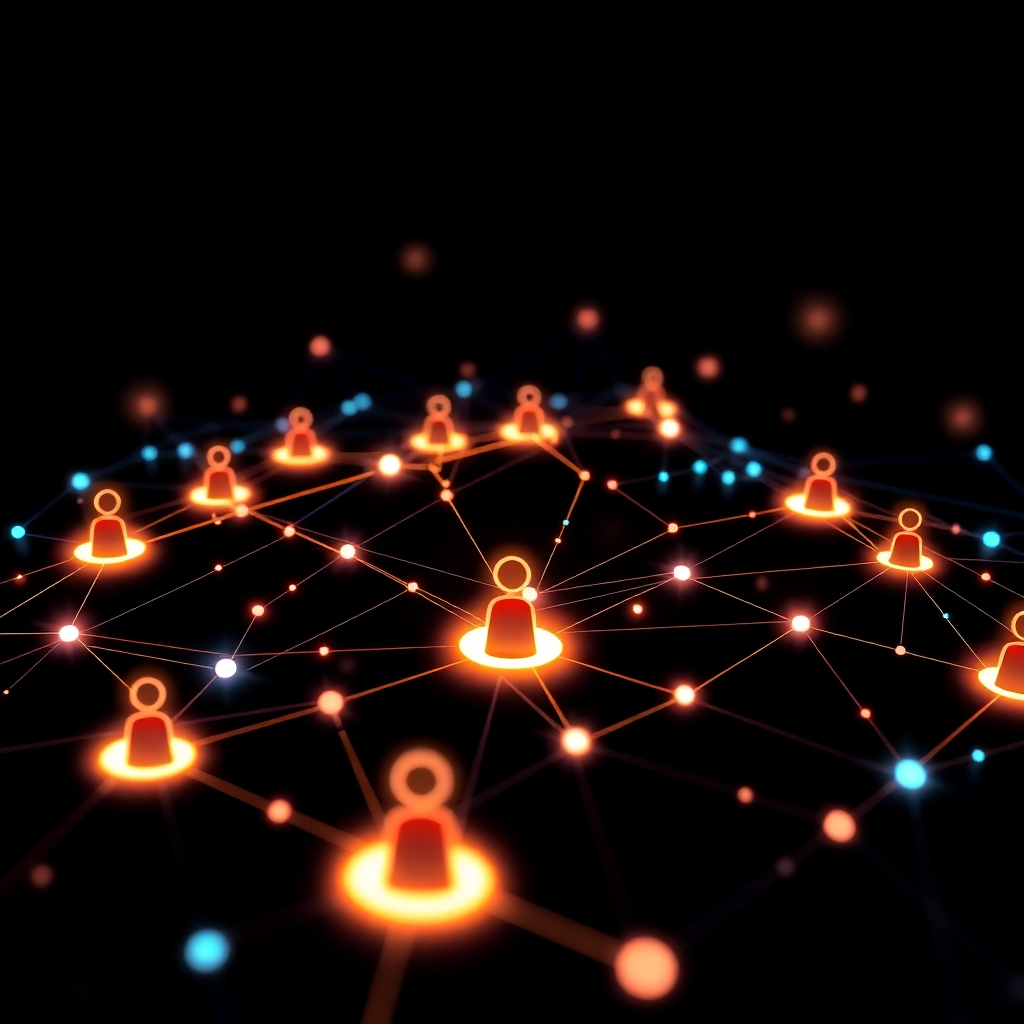 A modern graphic design showing network connections between users. There should be illuminated pathways and visualized data points, blending technology and human interaction. Use striking contrast with dark backgrounds to amplify network nodes in bright colors. Technical specs: high resolution.