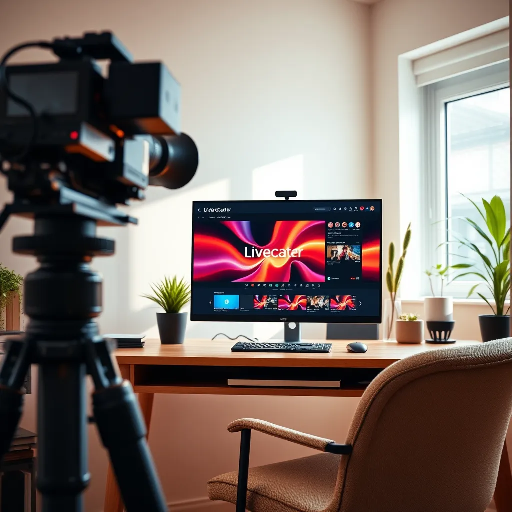 A modern home office setup featuring a high-end camera and a computer displaying LiveCaster software. It’s softly illuminated by natural light coming from a nearby window. The room has an inviting color palette with warm tones and minimalist decor. The camera angle is slightly angled downward, focusing on the computer screen where a vibrant, dynamic video is playing. Textures of the wood desk and fabric chair add warmth to the scene, while the background showcases books and plants creating a professional yet cozy atmosphere. In the style of a contemporary tech promotional image, hyperrealistic, 8K resolution, ultra-detailed.