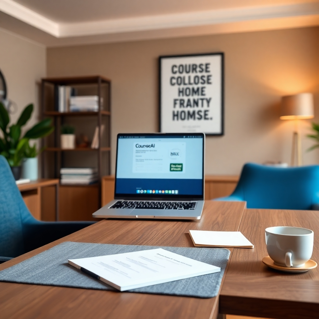 A modern home office setup featuring a sleek laptop displaying the CourseReelAI Max interface. The scene is bathed in soft diffused lighting, creating a warm and inviting atmosphere. The color palette includes rich blues and golds, enhancing a professional yet cozy vibe. The camera is positioned at a medium angle, focusing on the laptop screen while encompassing the stylish desk, with a comfortable chair and motivational wall art in the background. Textured wooden desk materials, along with props like a cup of coffee and notepad, enhance the practicality of the workspace. The background includes a well-organized bookshelf with various course materials. The scene is hyperrealistic, with details that pop, created in 8K resolution, reminiscent of workspaces featured in lifestyle photography.