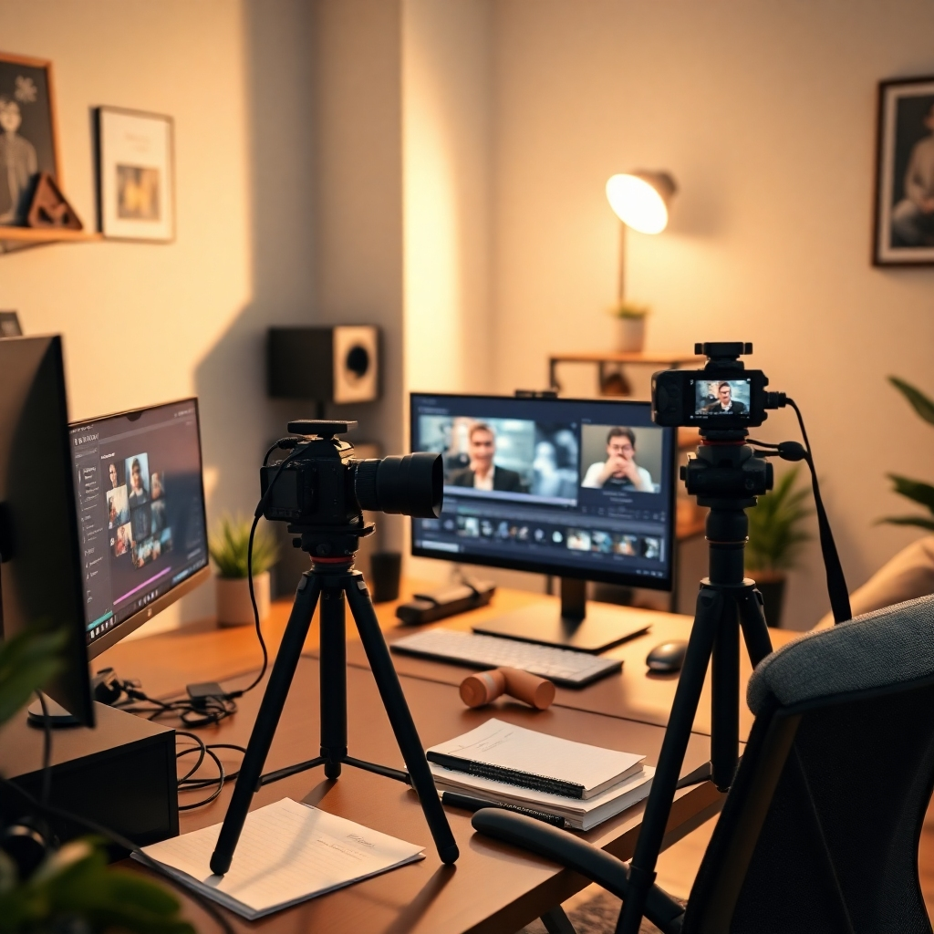 A modern home office setup featuring a professional-looking content creator surrounded by high-tech equipment. The scene includes a computer with video editing software open, a camera on a tripod capturing the moment, and neatly organized notes. Lighting is bright and inviting.