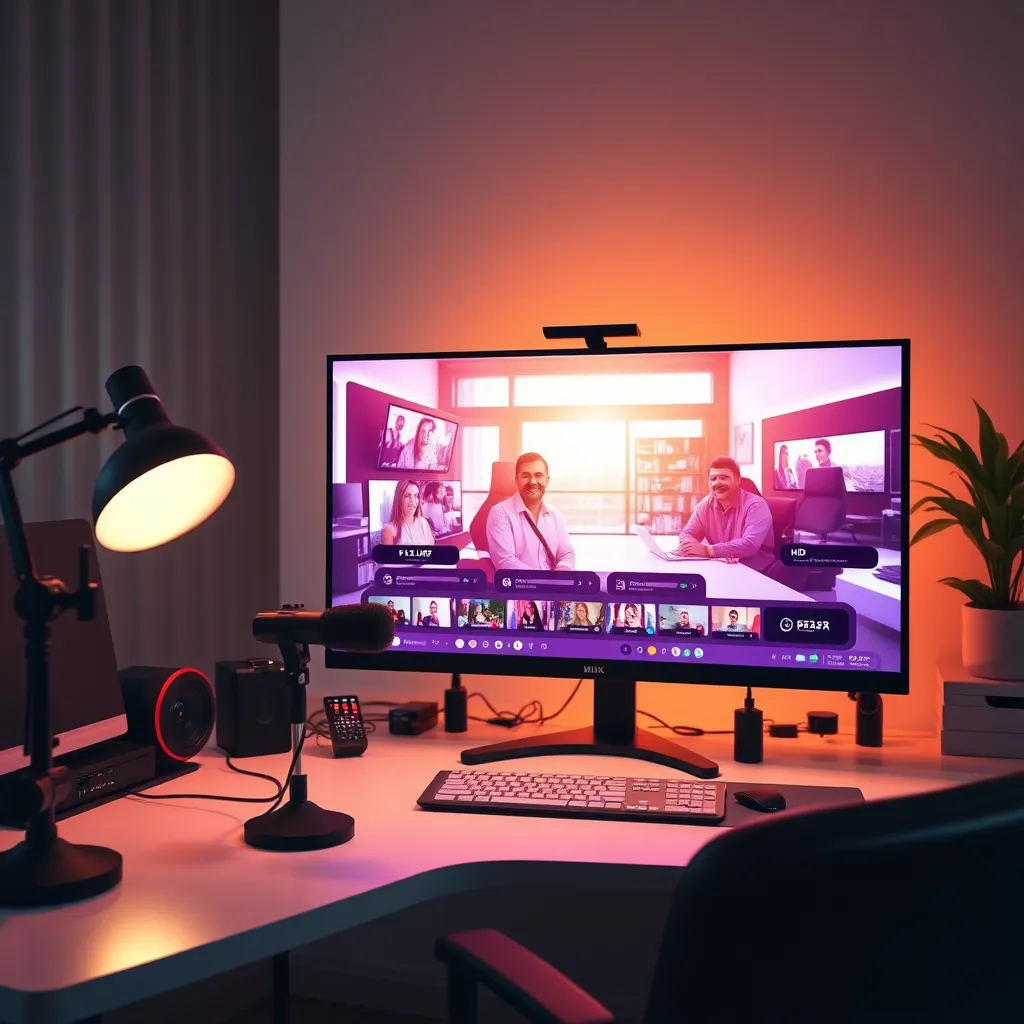 A modern home office setup with a large monitor displaying a vibrant HD live stream of a pre-recorded video. The atmosphere should be bright and professional, featuring a neatly arranged desk with a microphone, a camera, and various streaming software on the screen.