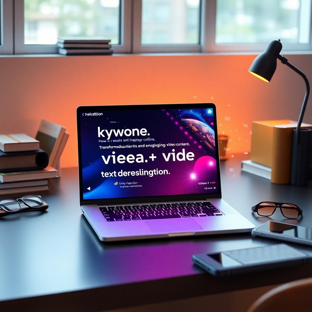 A modern laptop on a sleek desk, showing a user interface displaying keywords transforming into engaging video content. Bright, clean design with holographic visuals illustrating seamless transition from text to video, surrounded by educational elements like books and gadgets.