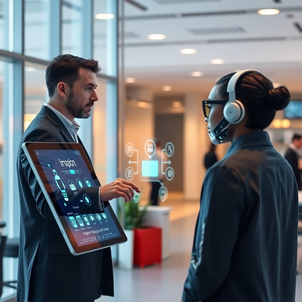 A modern office environment showing a customer interacting with an intelligent AI bot on a sleek touchscreen device. The scene captures a vibrant and dynamic atmosphere with digital interface elements illuminating the screen, signifying real-time engagement.