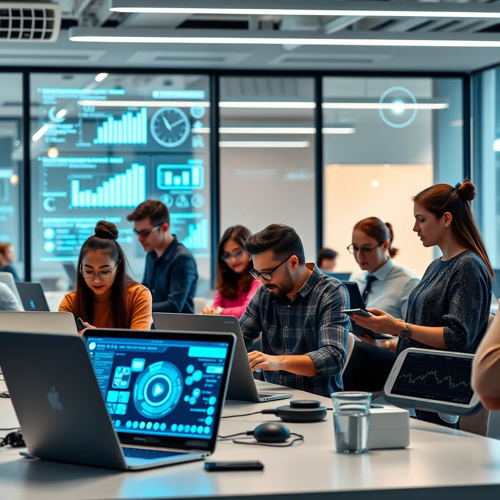 A modern office environment showcasing a virtual team interacting with AI technology. Illustrate diverse individuals collaborating on laptops, with digital interfaces displaying data analytics and automation tools, accentuating a sense of efficiency and innovation.