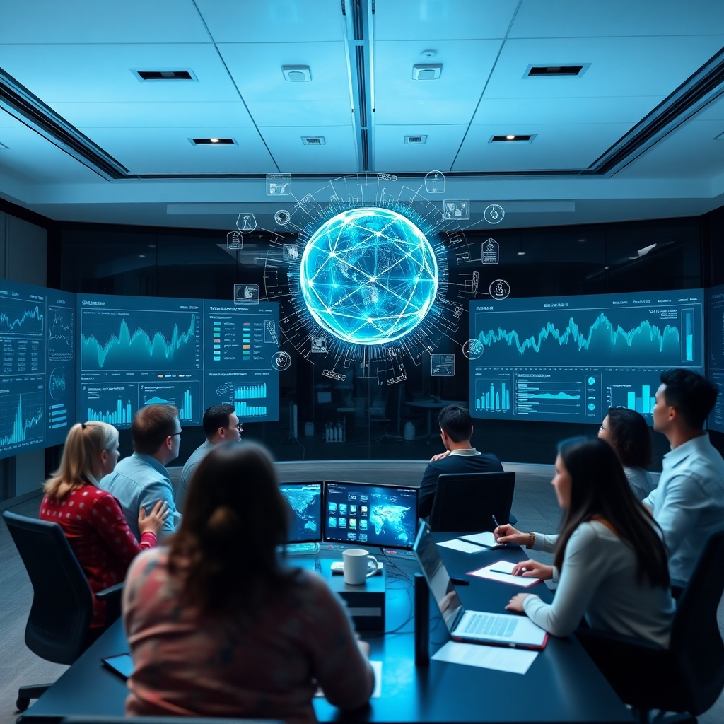 A modern office environment with professionals analyzing data on large screens, surrounded by digital graphs and AI algorithms. Include a diverse team engaged in discussion, with a central AI hologram visualizing complex data analysis.