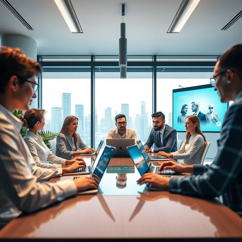 A modern office scene featuring diverse professionals collaborating with holographic AI virtual assistants. Soft diffused lighting creates a warm and inviting atmosphere, enhancing the productivity-focused mood. The color palette includes soft blues, whites, and greens for a fresh, tech-savvy feel. The camera is positioned at eye level, showing a group discussing strategies around a high-tech conference table with sleek laptops and digital displays. Textures highlight smooth surfaces of glass and metal, while environmental elements include a large window with a city skyline view and several plants for warmth. Props include futuristic billboards showcasing AI capabilities. The style is hyperrealistic, with 8K resolution to capture intricate details.