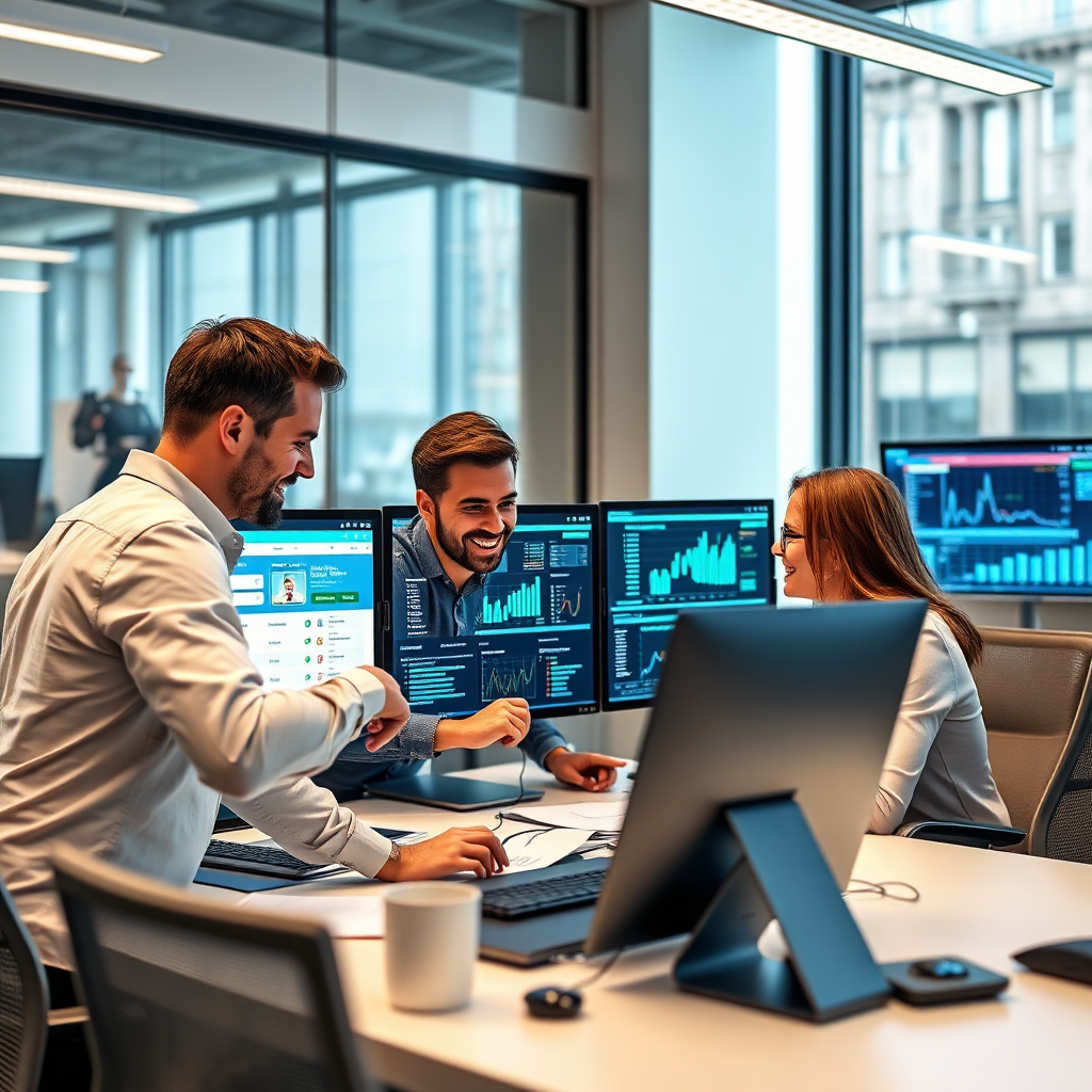 A modern office setting where a team is actively engaged in deploying an AI campaign. Screens are filled with data and analytics, with enthusiastic collaboration evident on the team's faces. Use of bright, modern colors and a sleek design enhances the high-tech impression. The lighting is bright and motivating, ensuring clarity of digital displays. The image should reflect a sense of urgency and innovation, delivered in high quality.