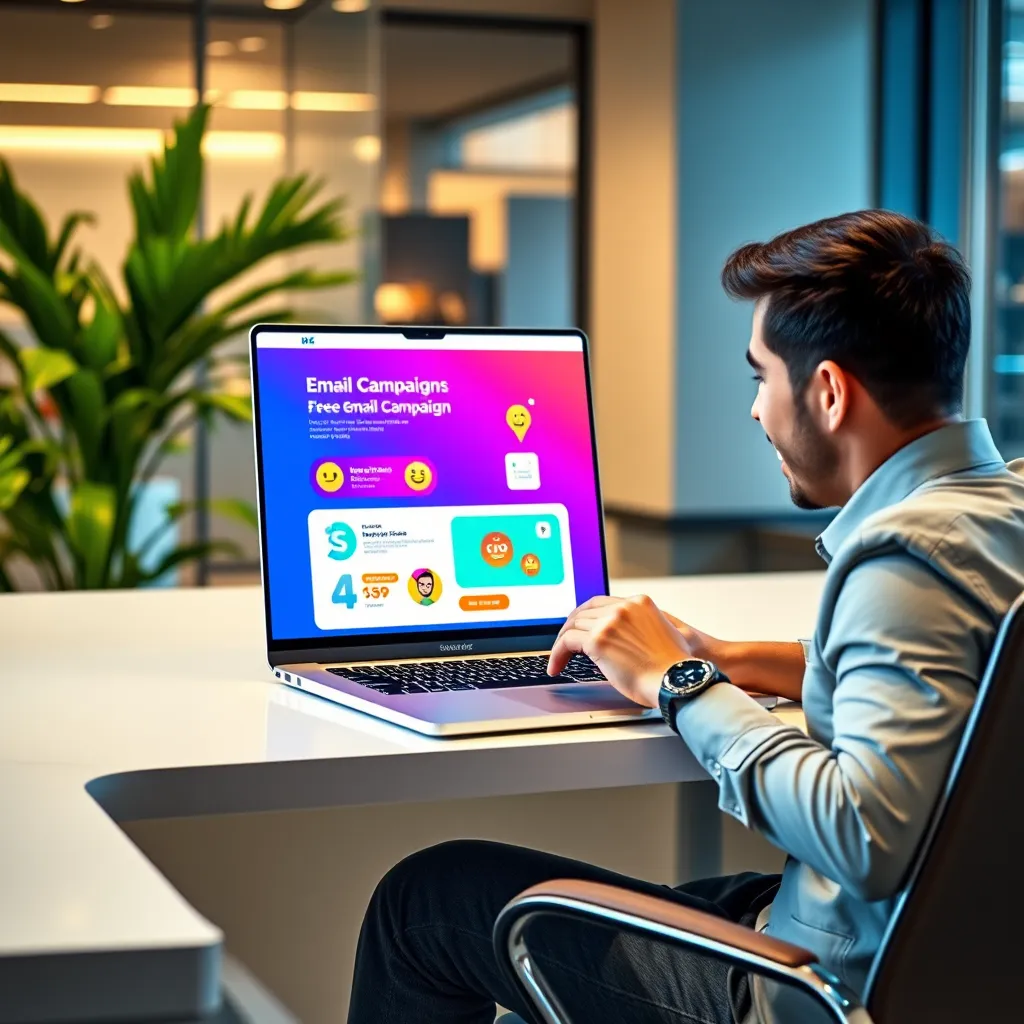 A modern office setting with a business professional sitting at a sleek desk, excitedly clicking on a laptop. The screen displays a colorful, visually appealing email campaign in progress, with graphics like emojis, images, and animated buttons. Soft ambient lighting and plants in the background add freshness.