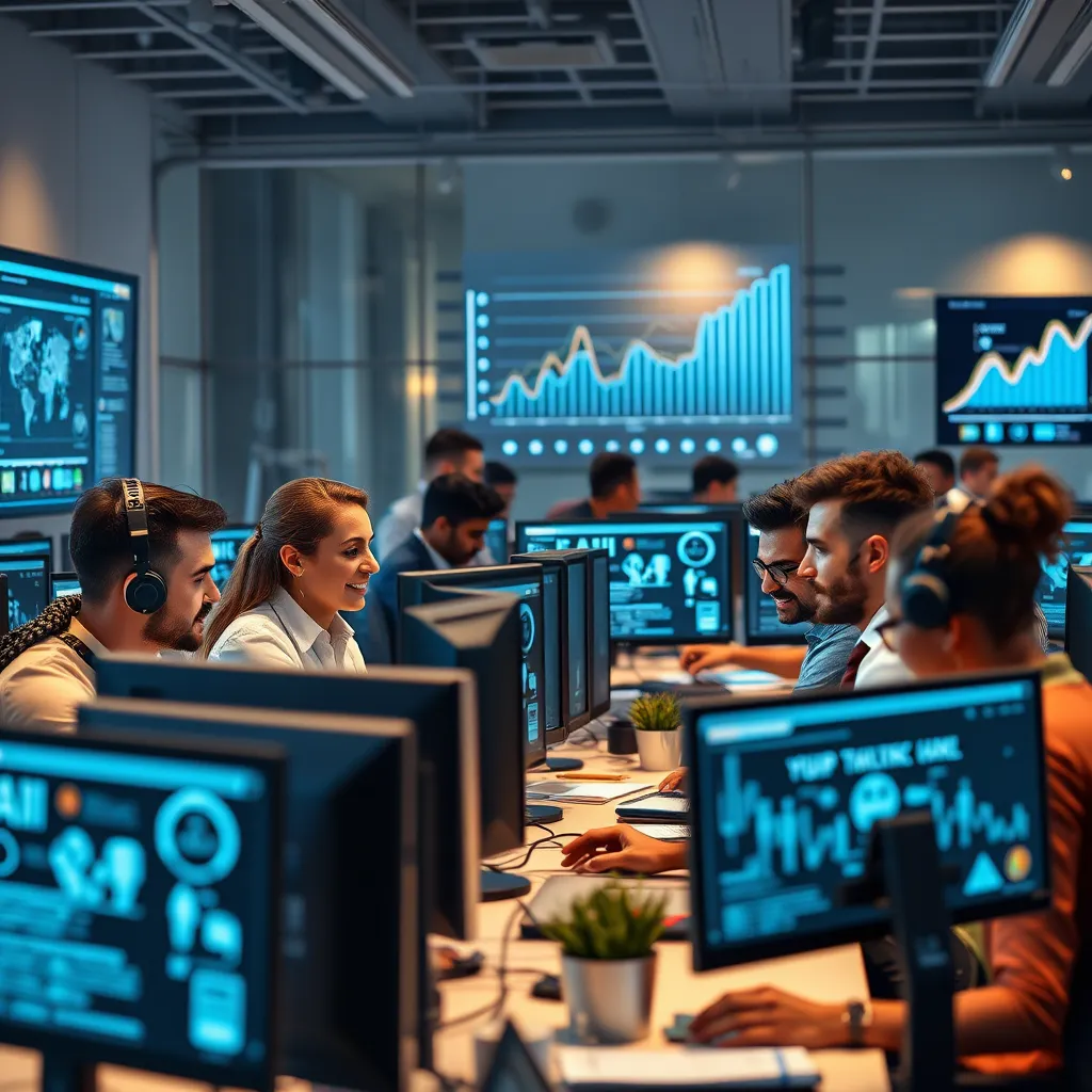 A modern office setting with diverse professionals collaborating at computer screens displaying AI interfaces and automation tools. The atmosphere is dynamic and innovative, showcasing efficiency and teamwork, with digital graphs indicating productivity growth in the background.