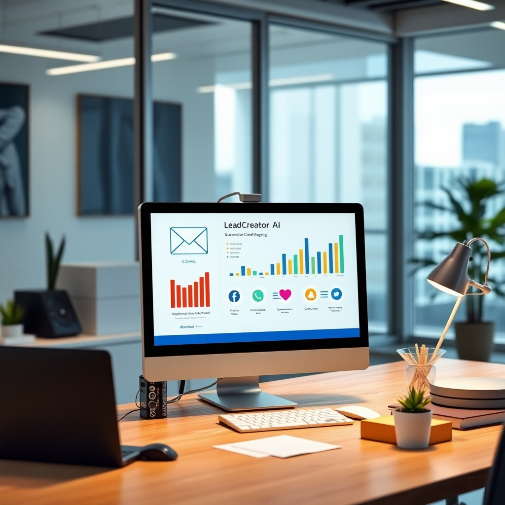 A modern office workspace with a computer displaying the LeadCreator AI interface, showcasing automated lead magnet sharing. Include a digital representation of email and social media icons, with graphs indicating rising engagement levels. The environment should be bright and professional.