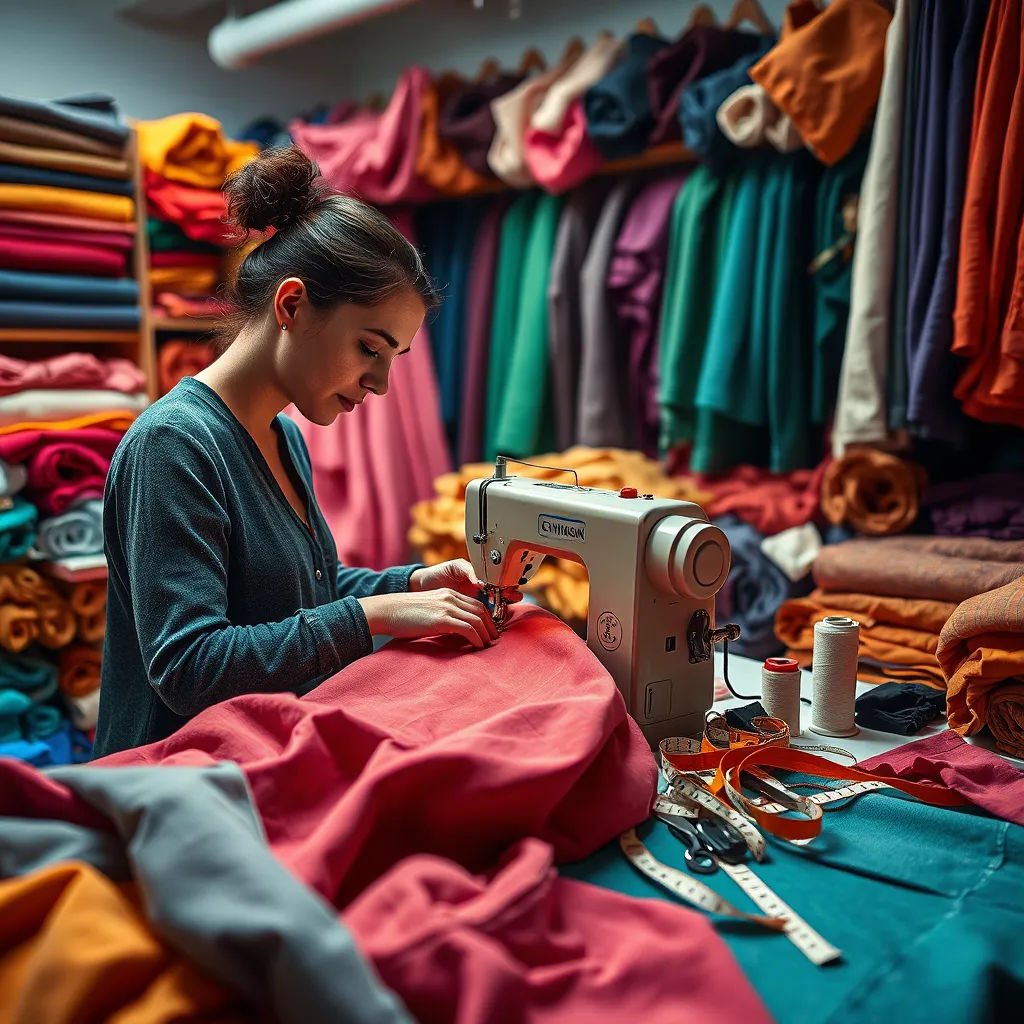 A modern sewing studio filled with vibrant fabrics in various colors. A skilled tailor is working on a beautiful garment, using a sewing machine. The scene is illuminated with soft diffused lighting, highlighting the textures of the fabric and the intricate details of the sewing process. Surrounding the tailor are rolls of colorful fabrics, spools of thread, and measuring tools creating a creative mess. The camera angle is slightly elevated, capturing the essence of the workspace with a focus on the tailor's hands as they expertly handle the fabric. The mood is artistic and inviting, with warm tones dominating the color palette. The overall style is hyperrealistic, aiming for ultra-detailed 8K resolution clarity.