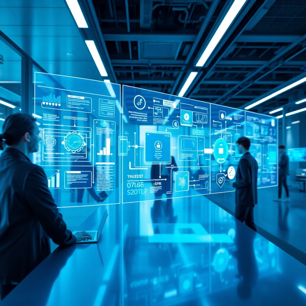 A modern, sleek image representing the essence of AI Workflow Automation Software, featuring a futuristic office scene with holographic displays illustrating complex workflows in motion. The lighting should be dynamic, with cool tones of blue and silver prominent. The camera angle should focus on professionals engaging with the holograms, conveying a sense of innovation and efficiency. Include elements like digital interfaces and interactive tools. Textured surfaces and reflections should enhance the realism. Technical specs: 4K resolution, high quality.