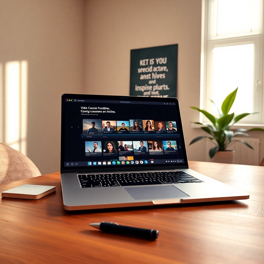 A modern, sleek laptop open on a wooden desk, displaying the CourseReelAI interface showcasing a video course timeline with vibrant thumbnails. Soft diffused lighting fills the room from a nearby window, illuminating a motivational poster on the wall with inspiring quotes. The color palette features warm tones of beige and rich browns, creating a cozy yet professional mood. The camera is positioned at a slightly elevated angle, capturing both the laptop screen and the surrounding workspace. Textures include the smooth metal of the laptop and the grainy surface of the wooden desk. A notepad and a pen lie beside the laptop, and an indoor plant peeks in from the corner. This scene is in the style of contemporary digital workspace photography, rendered in 8K resolution, hyperrealistic and ultra-detailed.