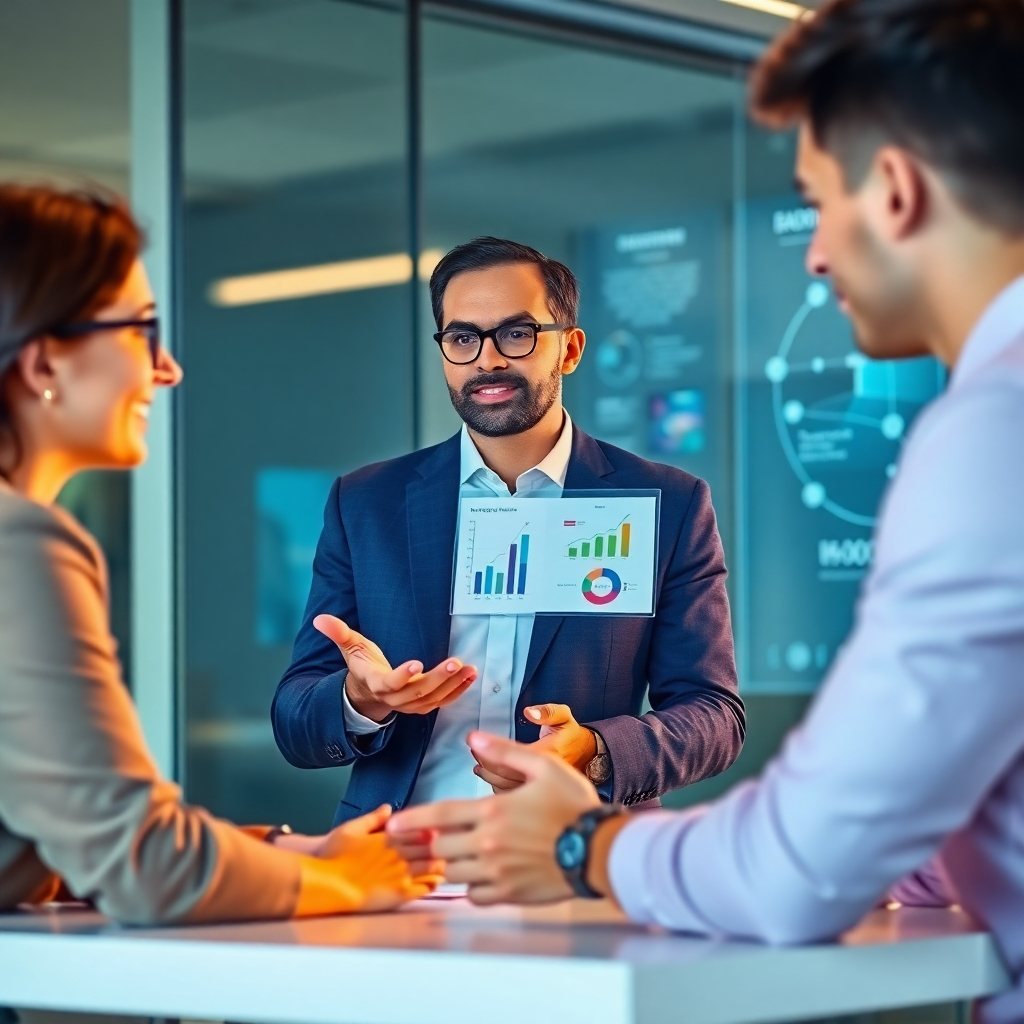 A modern, visually engaging image featuring a professional consultant presenting a tailored AI solution to a team. Elements like charts and data models should highlight tailored innovations. Warm lighting casts an inviting glow, conveying accessibility and collaboration. Background details should include technology-related visuals. Ensure a polished appearance. Technical specifications: high quality.