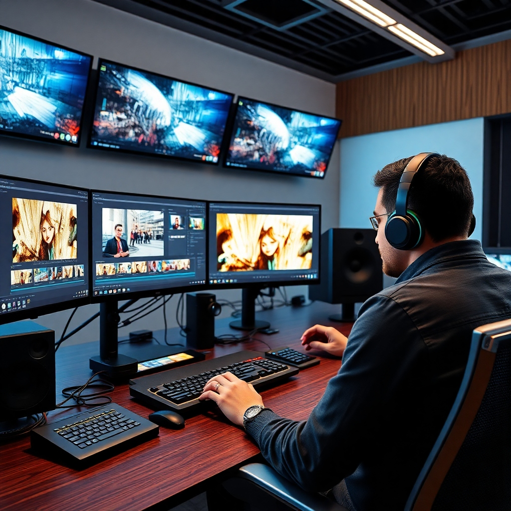 A modern, well-organized video editing station where a professional is working on creating a VSL. The setup features high-quality screens displaying video editing software, with visual components of a VSL on display. The lighting is bright and motivating, creating an inspiring environment. Rich textures of sleek hardware and colorful graphics should blend seamlessly, showcasing the efficiency and creativity of the service offered.