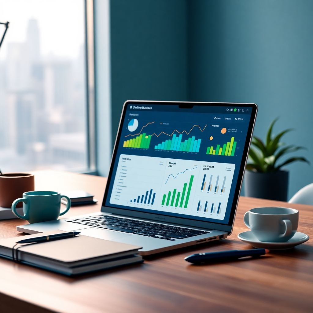 A modern workspace featuring a sleek laptop open to a colorful digital dashboard displaying online business metrics. Soft diffused lighting illuminates the workspace, creating a warm and inviting atmosphere. The color palette consists of soft blues and greens, signifying growth and tranquility. The camera angle is slightly elevated to showcase the laptop screen and surrounding elements, such as a stylish notebook, a coffee cup, and a vibrant plant. The textures of the wooden desk and the smooth metal of the laptop contrast beautifully. Background details include a blurred view of an inspiring cityscape through a window, hinting at opportunities beyond. The image should be in the style of contemporary lifestyle photography, focusing on clarity and detail, captured in 8K resolution with hyperrealistic elements.