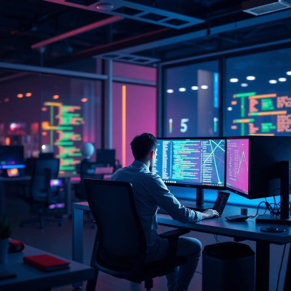 A modern workspace scene showcasing a user at a computer, surrounded by visual elements like a television screen, coding symbols fading away, and quick publication buttons highlighting ease of use. The environment should feel energetic and innovative.