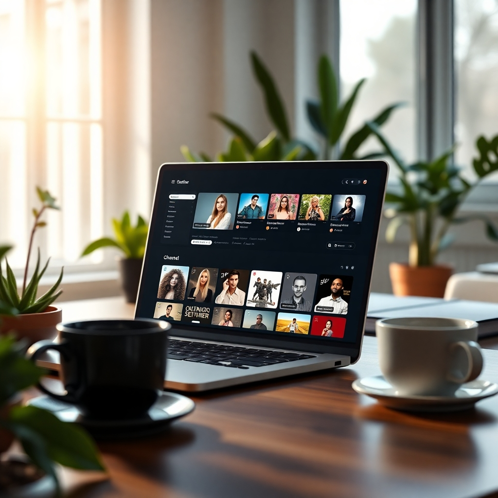 A modern workspace showcasing a laptop with a user-friendly interface displaying an intuitive channel creation tool. The screen features vibrant thumbnails of various content options, surrounded by coffee cups, plants, and a bright window with sunlight pouring in.