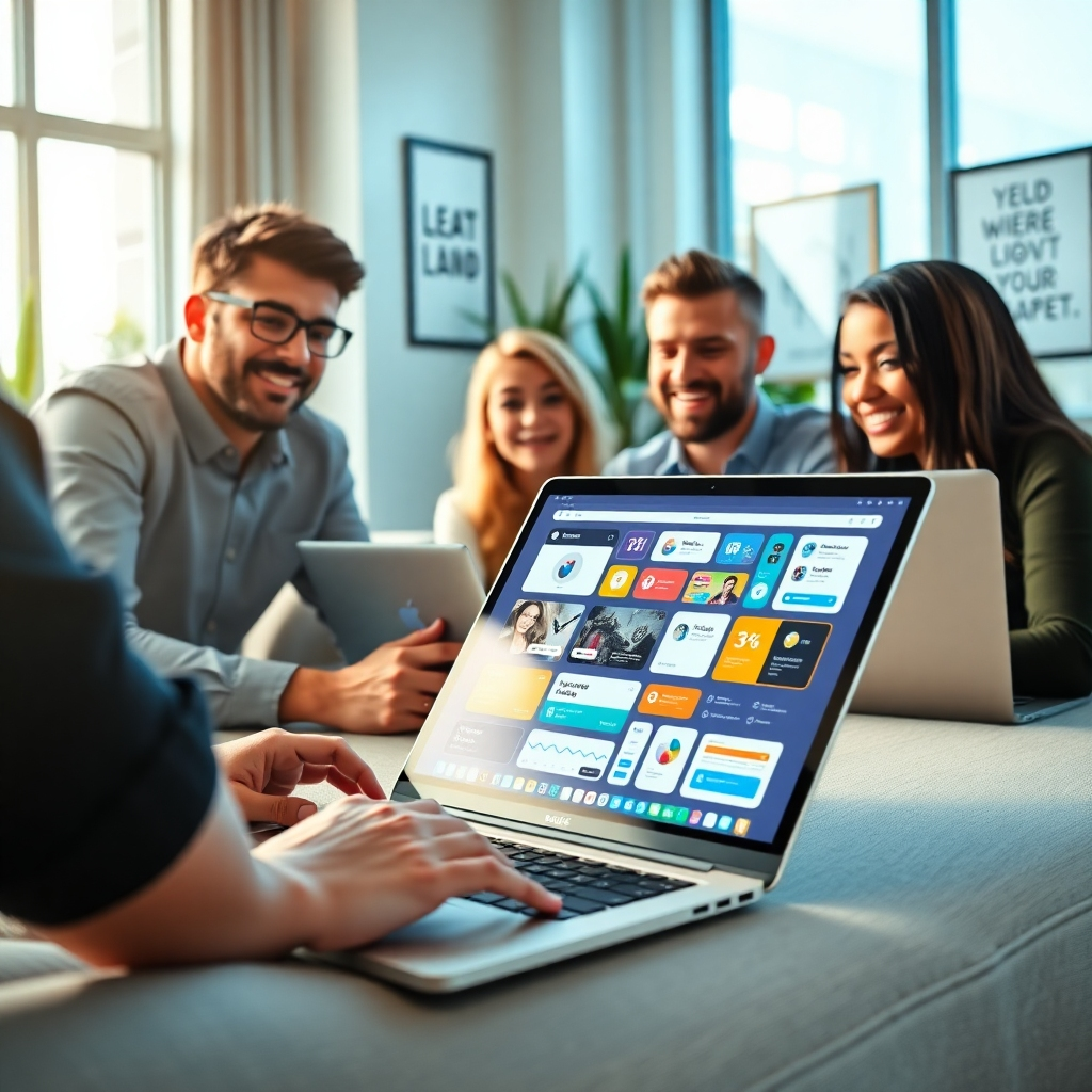 A modern workspace showcasing a diverse group of people collaboratively using a no-code app builder platform on sleek laptops. The environment is bright and airy, with natural light streaming through large windows, creating a warm, inviting atmosphere. The color palette features soft blues and greens with accents of white, representing innovation and creativity. Close-up on one laptop displaying a colorful drag-and-drop interface filled with various app components. The camera angle is slightly elevated, focusing on the screen while capturing the expressions of excitement on the users' faces. Textures include smooth laptop surfaces and comfortable office furnishings. Background details include potted plants and framed inspirational tech quotes. Style references include elements reminiscent of a clean, modern workspace found in high-end tech companies. The image should be hyperrealistic, in 8K resolution, ultra-detailed and captivating.