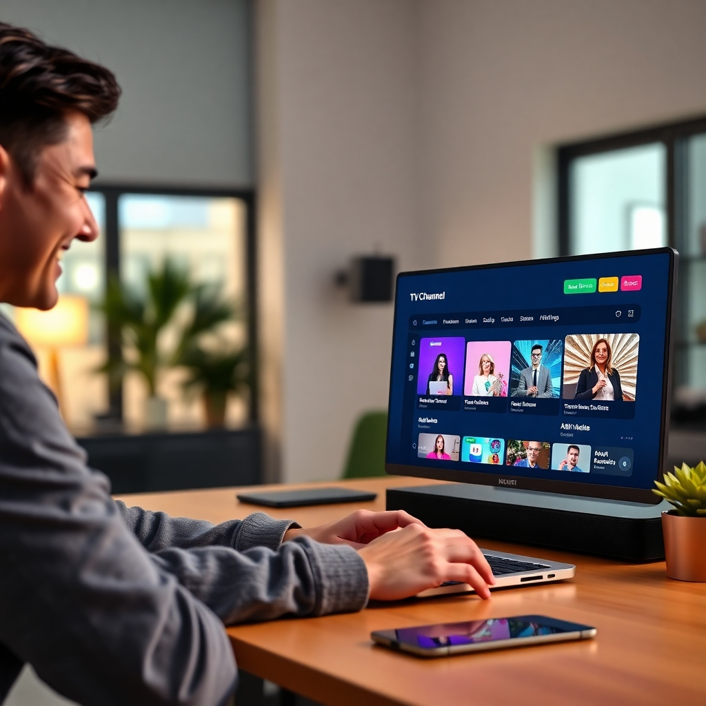 A modern workspace showing a person smiling while effortlessly creating a TV channel on a laptop. The screen displays a user-friendly interface of a channel creation tool, with vibrant graphics representing online streaming and affiliate links. Simple, bright colors and an inviting atmosphere.