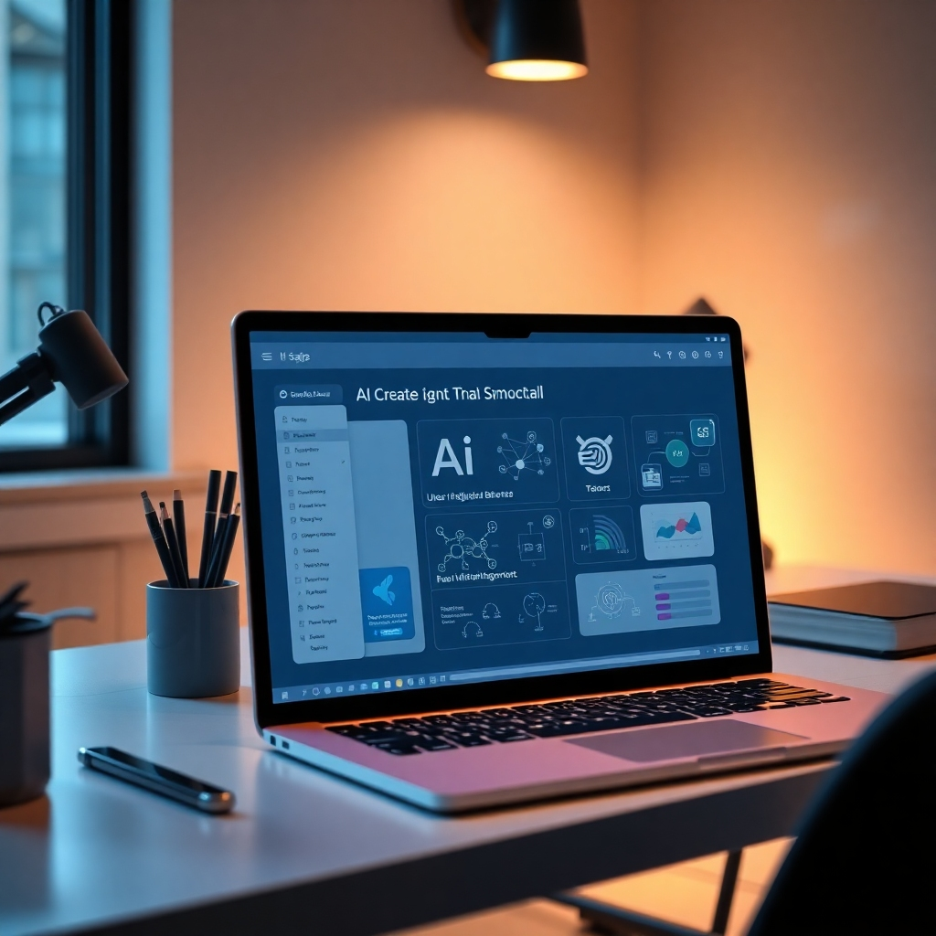 A modern workspace with a laptop displaying a user-friendly interface for creating an AI SaaS tool. Soft, ambient lighting creates an inspiring atmosphere. Various tech elements like artificial intelligence icons and flowchart diagrams subtly incorporated in the background.