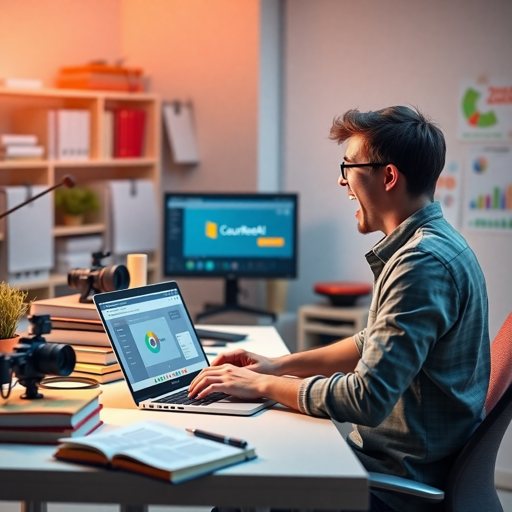 A modern workspace with a person excitedly working on a laptop, displaying the CourseReelAI Max interface on the screen. Around them are various educational-themed elements like books, a camera, and colorful charts. The atmosphere is bright and inspiring.