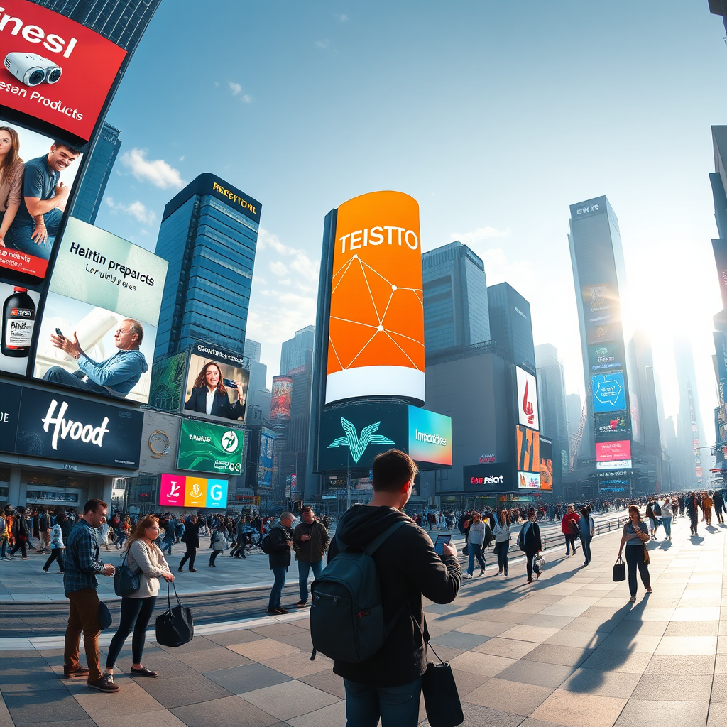A panorama of a futuristic cityscape filled with digital billboards advertising innovative products, symbolizing businesses prepared for the future. Daylight gently illuminates the scene, showcasing bright, vibrant colors that convey positivity and potential. The composition includes people engaging with technology in multiple contexts. Technical specs: high resolution.