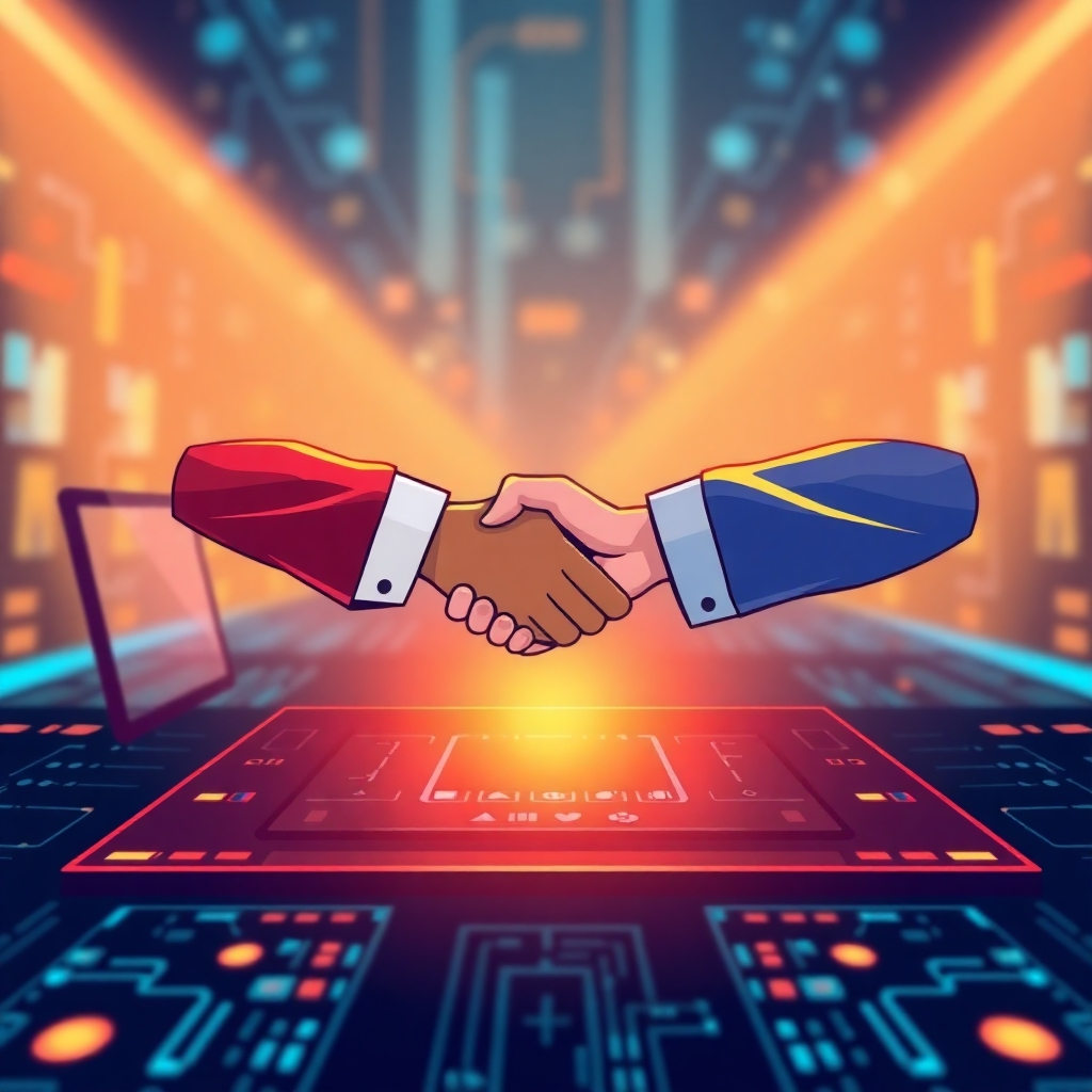 A partnership illustration showing handshakes over a digital interface with both tech and personal elements. The lighting is warm and inviting, symbolizing collaboration. Colors blend tech with warmth for a contemporary feel. Technical specs: high quality and compelling.