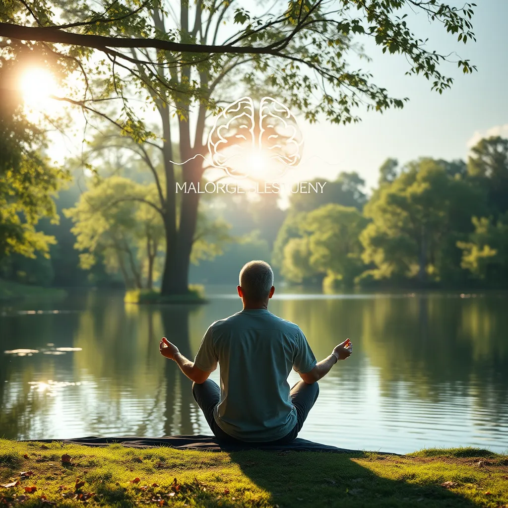 A peaceful, photorealistic scene in a tranquil nature setting, showing an individual meditating by a serene lake surrounded by lush greenery. Soft sunlight filters through the trees, representing relaxation and stress reduction, while subtle brainwaves are illustrated above their head.