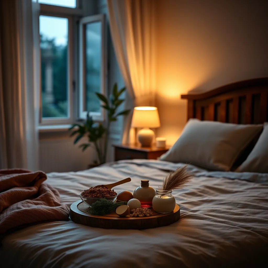 A peaceful bedroom scene at night with natural ingredients laid out on a bedside table. Soft lighting, a serene atmosphere, and an open window suggesting a gentle breeze, creating a cozy environment conducive to restful sleep.