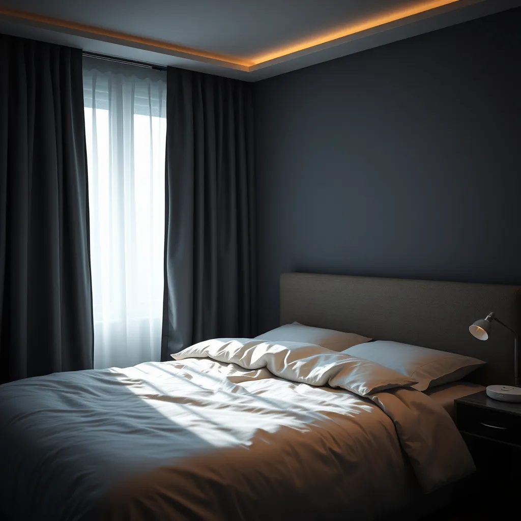 A peaceful bedroom scene featuring a neatly made bed with soft, cozy bedding, blackout curtains slightly drawn to darken the room, and a white noise machine on a bedside table. The room is dimly lit, creating a calm and inviting atmosphere for sleep.
