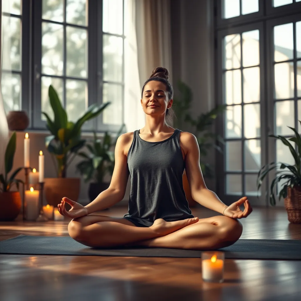 A peaceful person meditating on a yoga mat in a softly lit room, surrounded by plants and candles. The person has a peaceful expression, with gentle light filtering through a window, creating a harmonious environment conducive to mindfulness and relaxation.